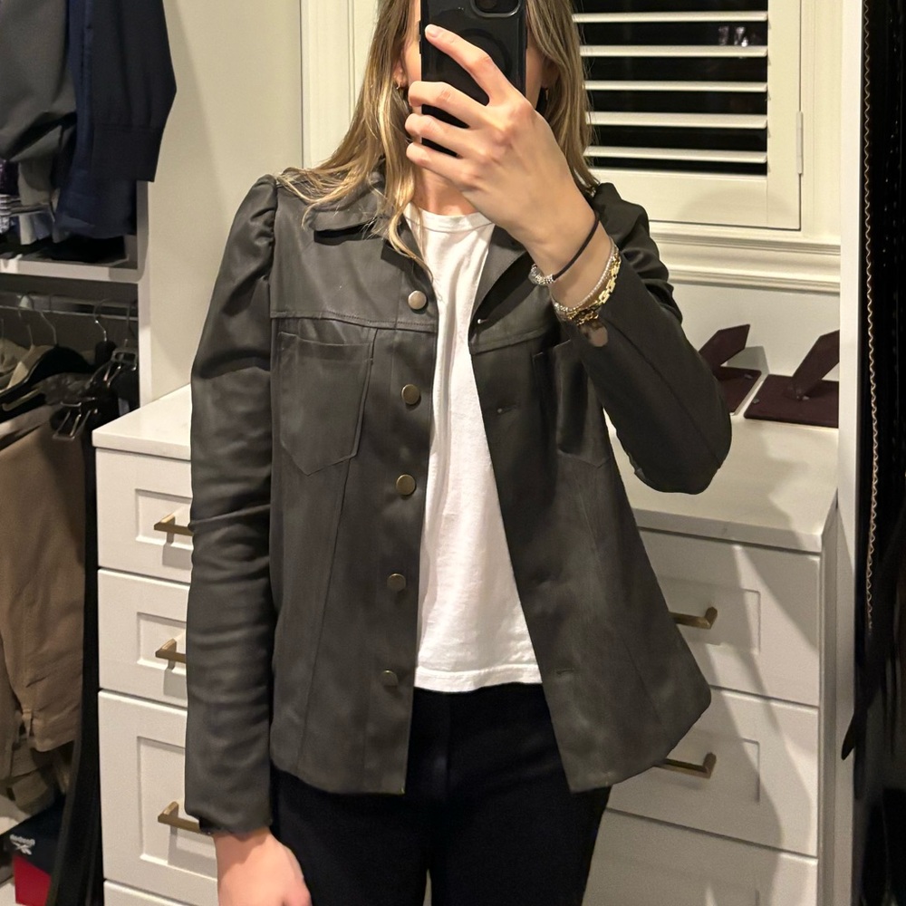 DREW Giselle Faux Suede Puff Sleeve Button Down Shirt Jacket